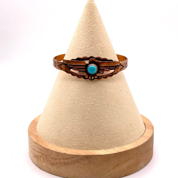 Genuine Solid Copper and Turquoise Navajo Thunderbird Cuff Bracelet Small Size - Picture 6 of 14